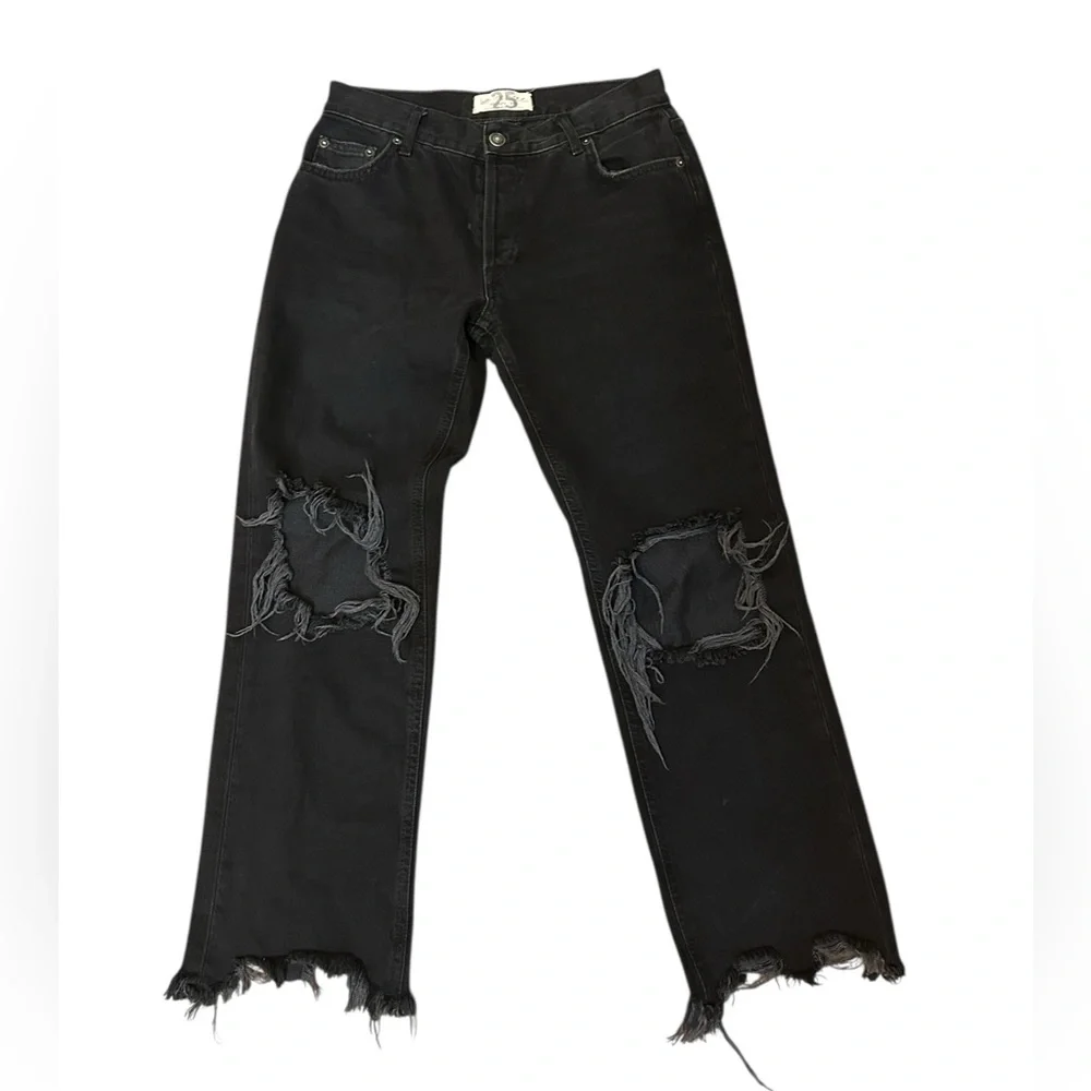 Free People Maggie Distressed Straight Leg Jeans In Washed Black Size 25